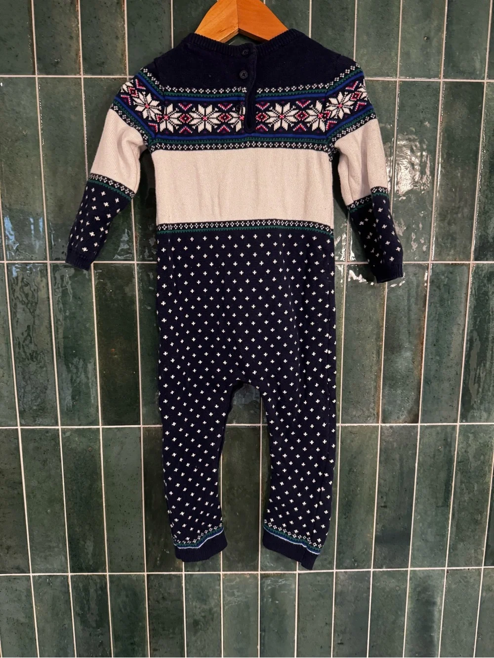 Janie and Jack Navy and Cream Fair Isle Knit One-Piece